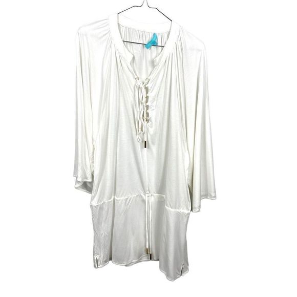 $239 Melissa Odabash Women's Ivory Lace Up Gold Rings Swim Cover-Up Dress NWOT - Picture 1 of 8